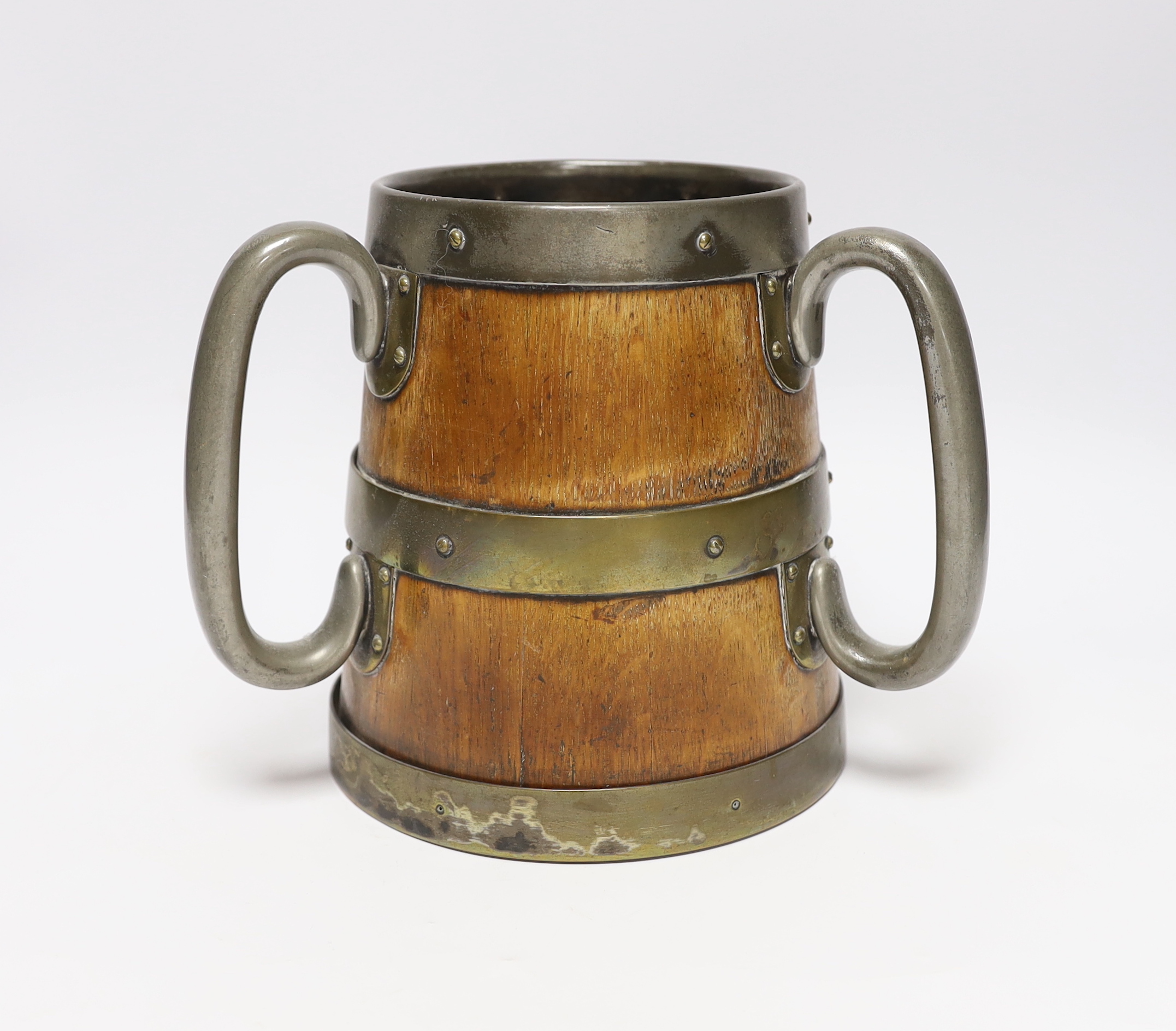 A large Victorian oak and pewter tyg, 19.5cm high
